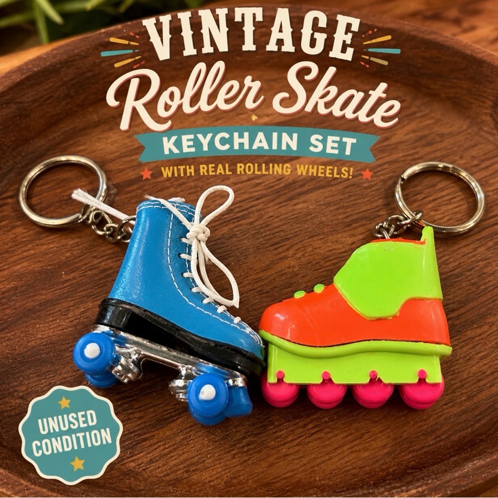 Vintage Roller Blade Skate Keychain Set Retro 90s Moving Wheels Novelty